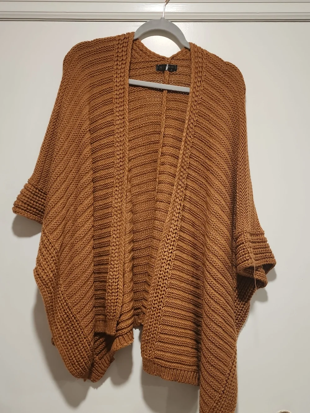 Open-Front Knit Poncho Cardigan - Brown